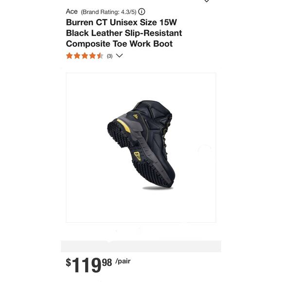 ACE Burren CT Leather Slip Resistant Composite Toe Work Boot Black Mens Sz 10 - Picture 12 of 12